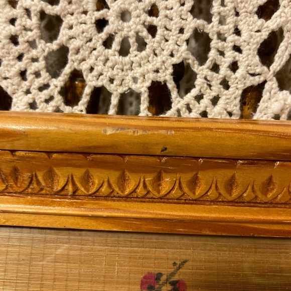 Vintage Bamboo Scroll Painted Bird with Tree Blossoms Teak Framed Wall Decor - Picture 8 of 17